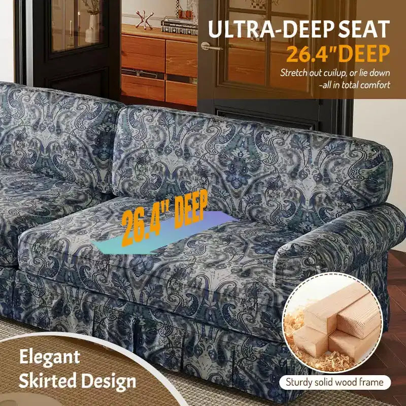 MAYEERTY 74 Divano a Nuvola a 3 Posti Lussuosamente Confortevole, Divano in Tessuto Oxford con Braccioli Arrotondati e Design a Balza Plissettata Blu Floreale