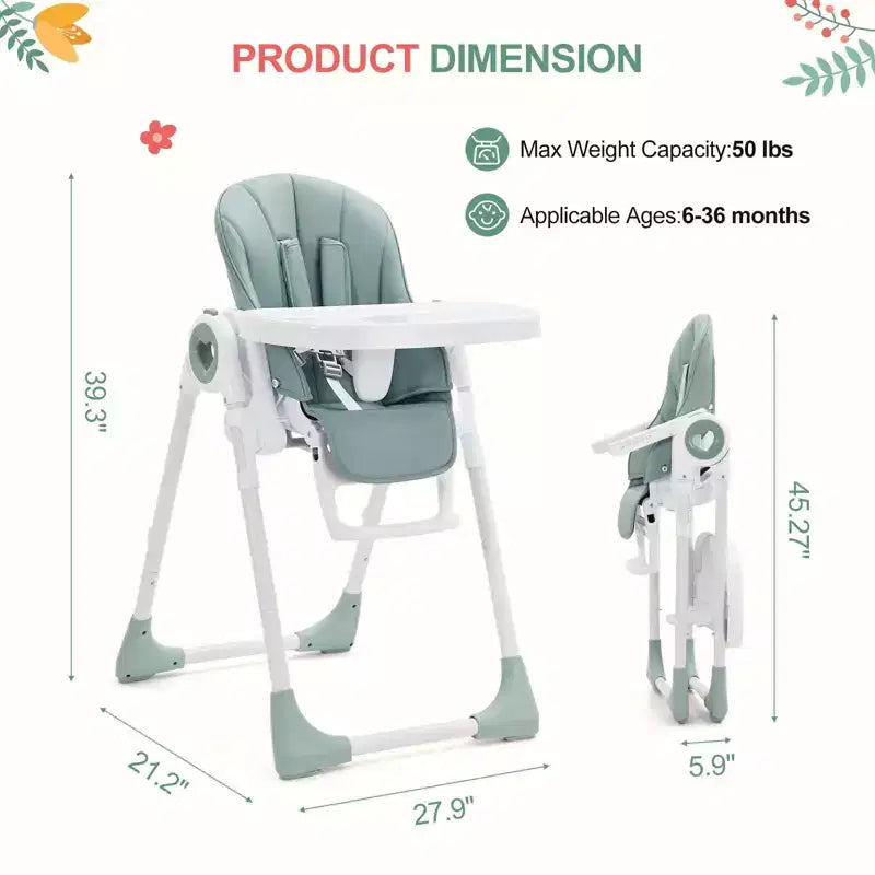 Seggiolone Pieghevole per Neonati e Bambini Piccoli - Imbracatura di Sicurezza a 5 Punti Regolabile, Reclinabile in Diverse Posizioni, Vassoio Rimovibile Facile da Pulire e Design Leggero