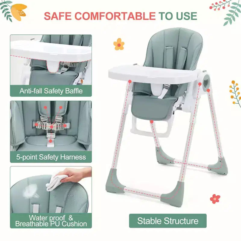 Seggiolone Pieghevole per Neonati e Bambini Piccoli - Imbracatura di Sicurezza a 5 Punti Regolabile, Reclinabile in Diverse Posizioni, Vassoio Rimovibile Facile da Pulire e Design Leggero