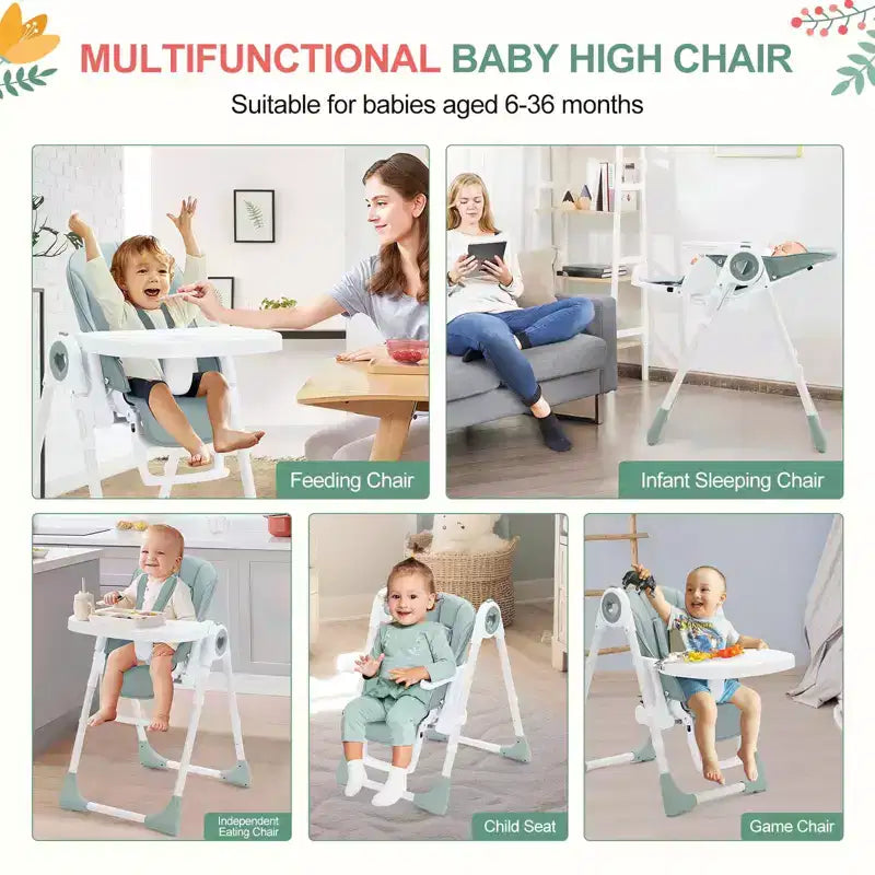 Seggiolone Pieghevole per Neonati e Bambini Piccoli - Imbracatura di Sicurezza a 5 Punti Regolabile, Reclinabile in Diverse Posizioni, Vassoio Rimovibile Facile da Pulire e Design Leggero