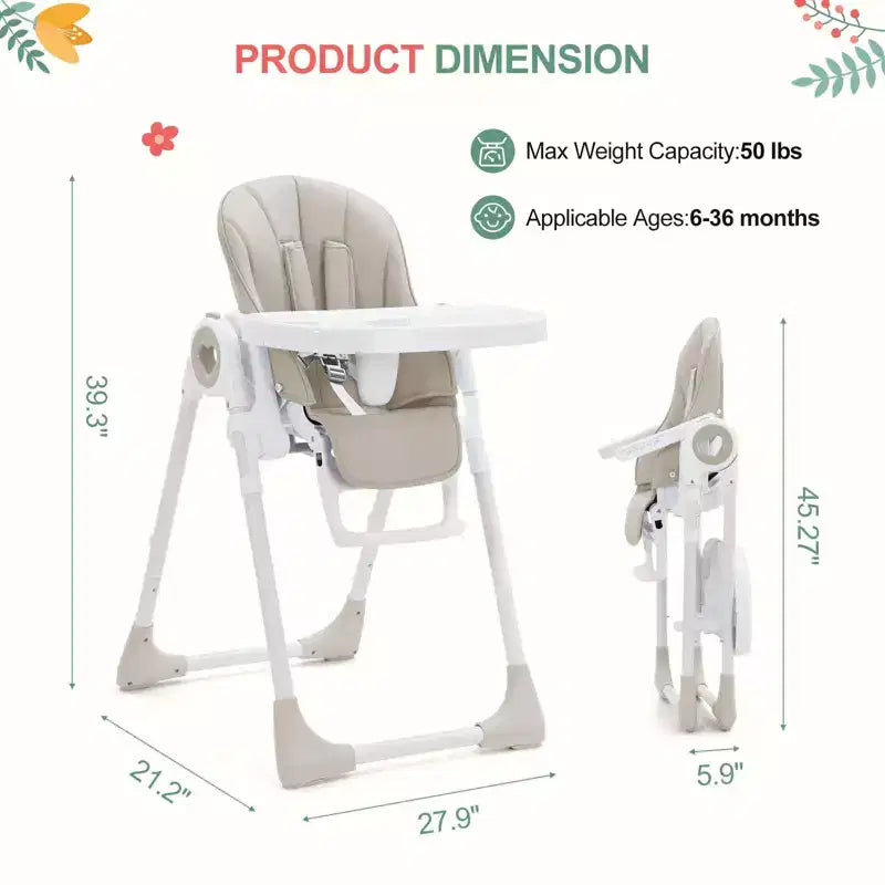 Seggiolone Pieghevole per Neonati e Bambini Piccoli - Imbracatura di Sicurezza a 5 Punti Regolabile, Reclinabile in Diverse Posizioni, Vassoio Rimovibile Facile da Pulire e Design Leggero