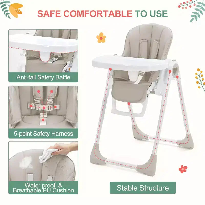Seggiolone Pieghevole per Neonati e Bambini Piccoli - Imbracatura di Sicurezza a 5 Punti Regolabile, Reclinabile in Diverse Posizioni, Vassoio Rimovibile Facile da Pulire e Design Leggero