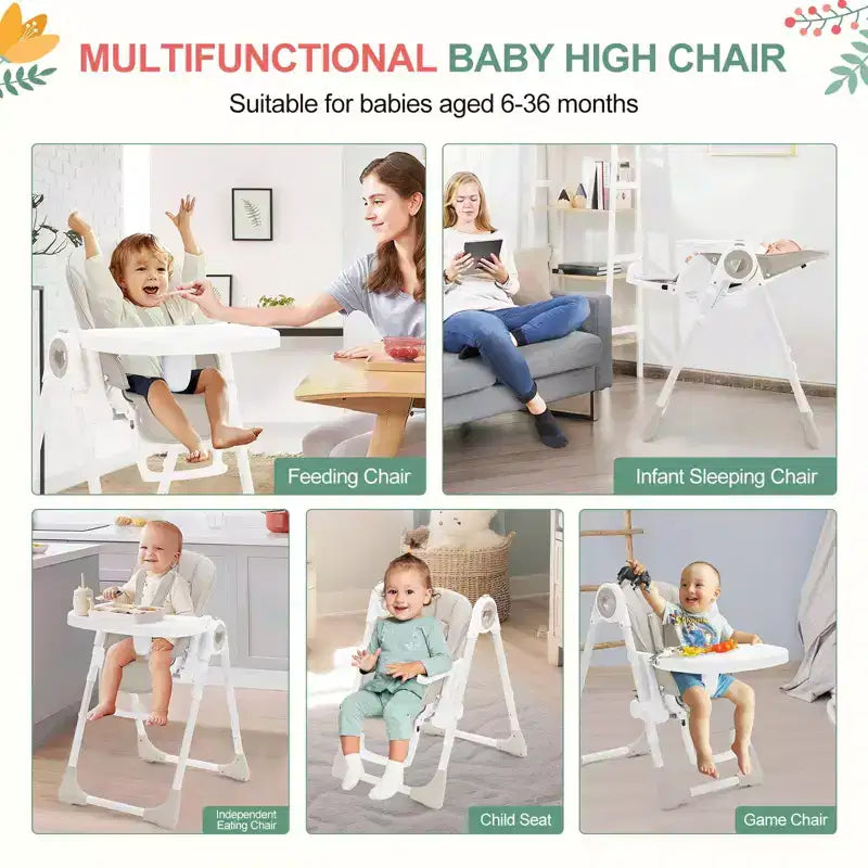 Seggiolone Pieghevole per Neonati e Bambini Piccoli - Imbracatura di Sicurezza a 5 Punti Regolabile, Reclinabile in Diverse Posizioni, Vassoio Rimovibile Facile da Pulire e Design Leggero