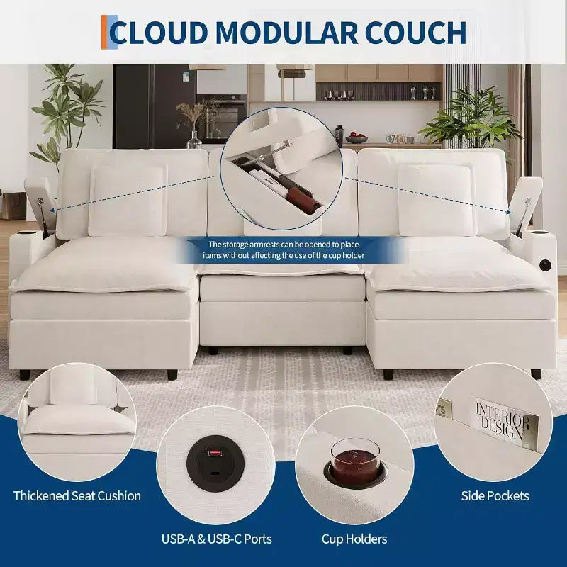 Divano componibile modulare Cloud 108" con braccioli portaoggetti e porte di ricarica, pouf mobile e portabicchieri inclusi, beige