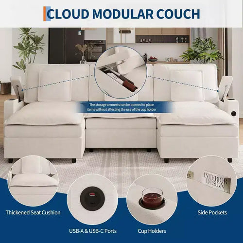 108 in Cloud Modular Sectional Sofa with Storage Armrests and Charging Ports, Movable Ottoman and Cup Holder Included, Beige