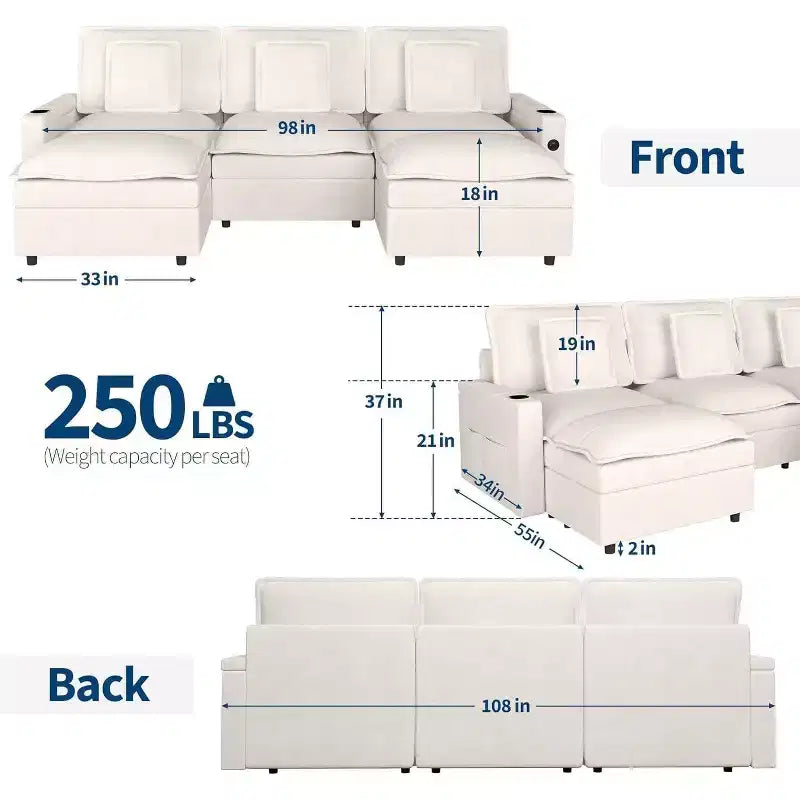 Divano componibile modulare Cloud 108" con braccioli portaoggetti e porte di ricarica, pouf mobile e portabicchieri inclusi, beige