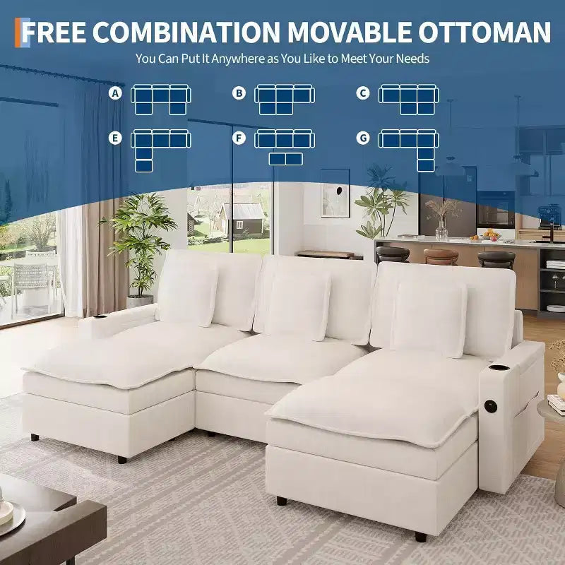 Divano componibile modulare Cloud 108" con braccioli portaoggetti e porte di ricarica, pouf mobile e portabicchieri inclusi, beige