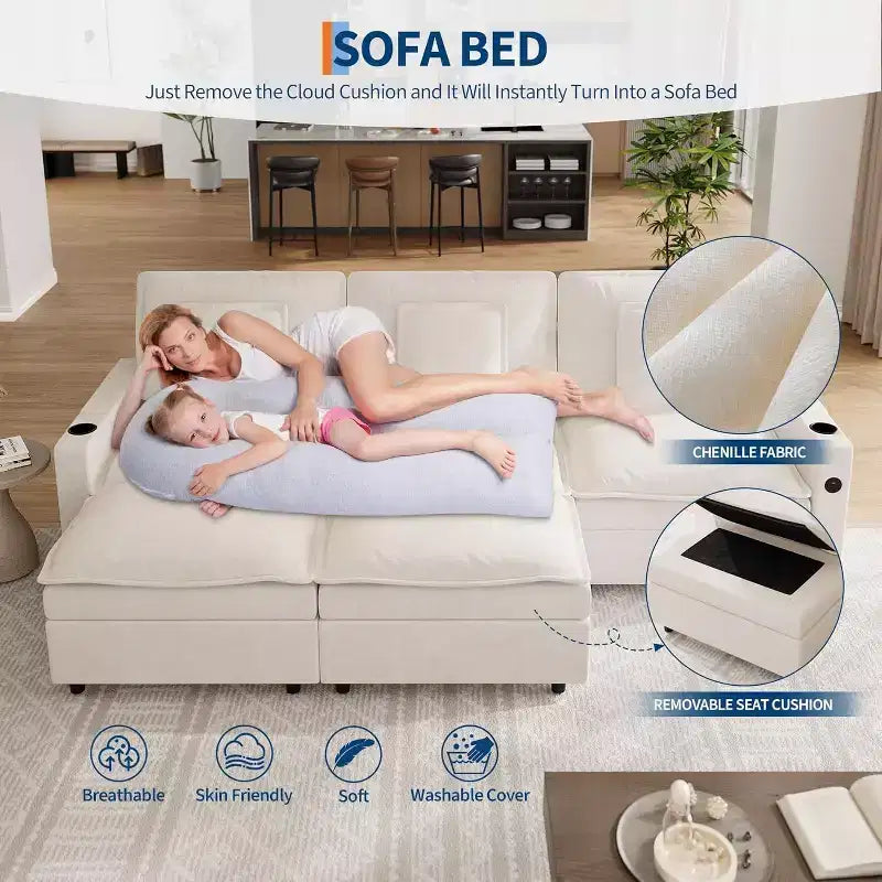 Divano componibile modulare Cloud 108" con braccioli portaoggetti e porte di ricarica, pouf mobile e portabicchieri inclusi, beige