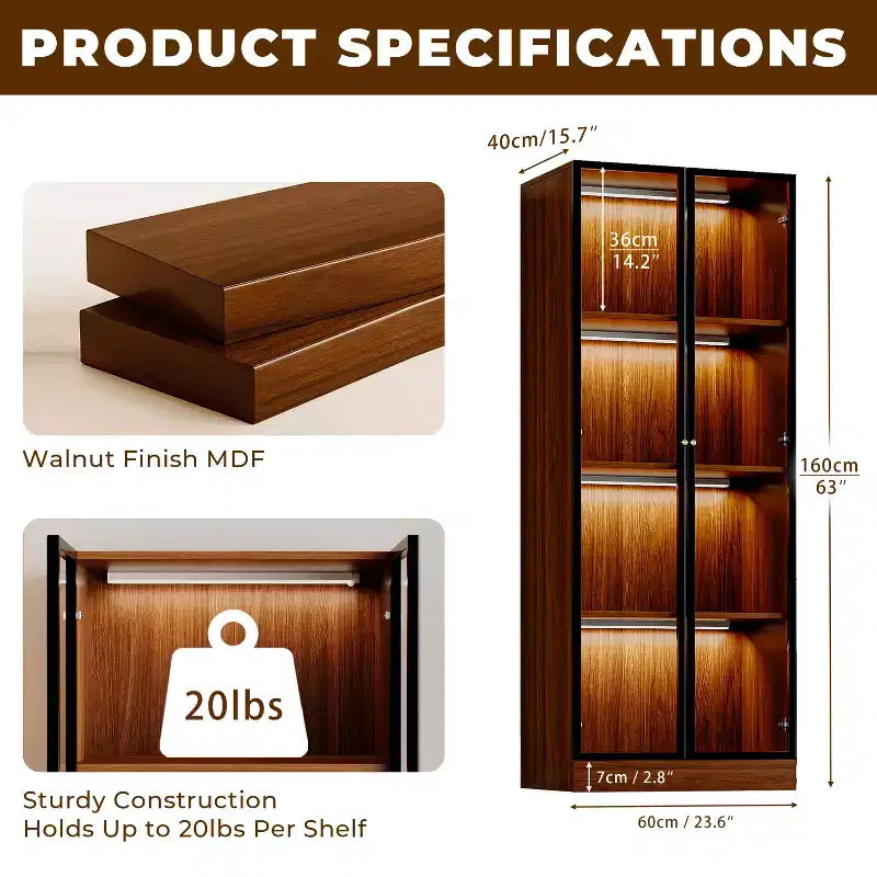 ATJafurn 23.6'' Vetrina Espositiva in Vetro Marrone con Mobile Bar e Dispensa, Credenza Moderna di Metà Secolo a 4 Ripiani in Legno con LED per Soggiorno