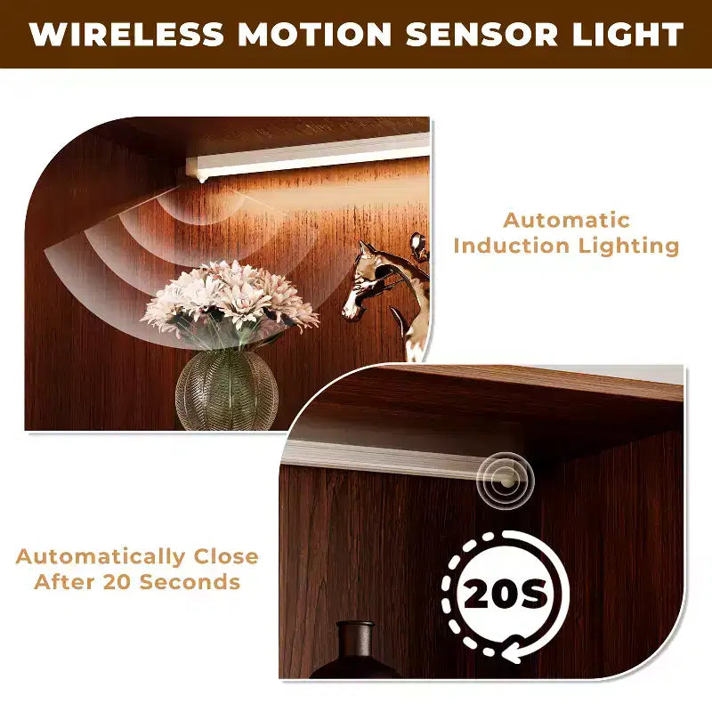 ATJafurn 23.6'' Vetrina Espositiva in Vetro Marrone con Mobile Bar e Dispensa, Credenza Moderna di Metà Secolo a 4 Ripiani in Legno con LED per Soggiorno