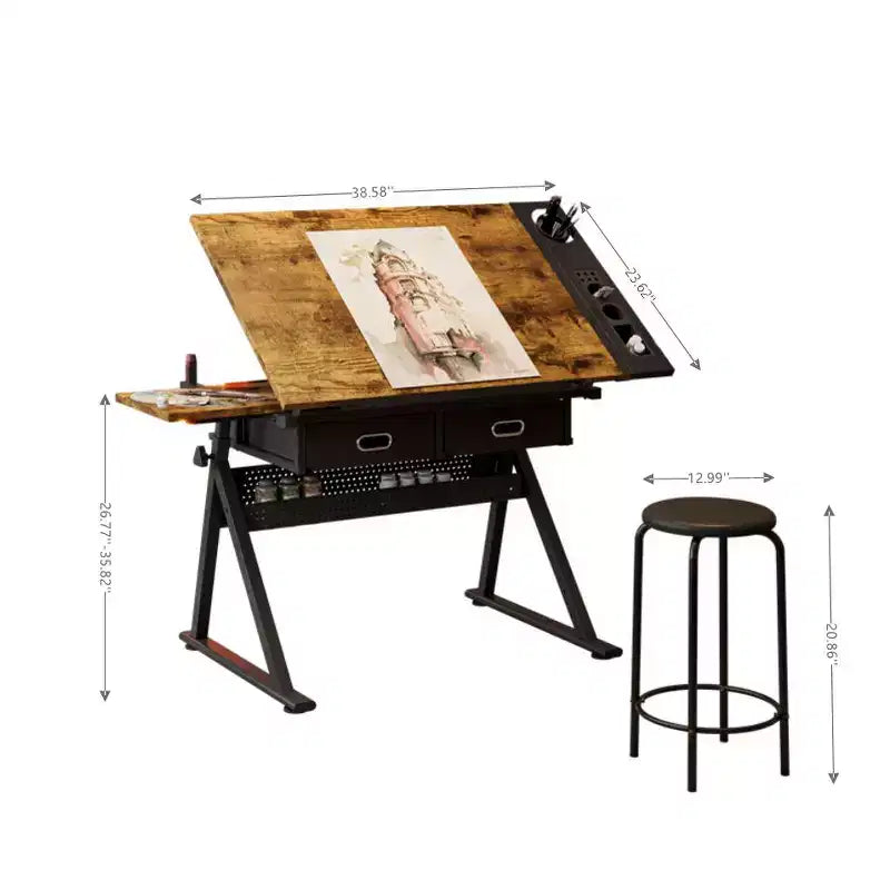 JVNOXK Tavolo da disegno regolabile con 2 cassetti per casa, ufficio e scuola con sgabello (marrone)