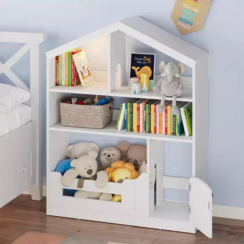 Libreria per bambini, Organizer porta giochi, Libreria in legno per bambini con luce con sensore di movimento, Libreria a casetta delle bambole per camera da letto, aula, asilo nido
