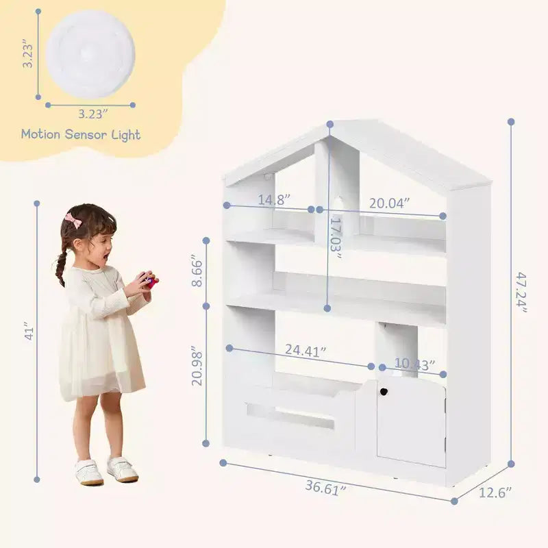 Libreria per bambini, Organizer porta giochi, Libreria in legno per bambini con luce con sensore di movimento, Libreria a casetta delle bambole per camera da letto, aula, asilo nido