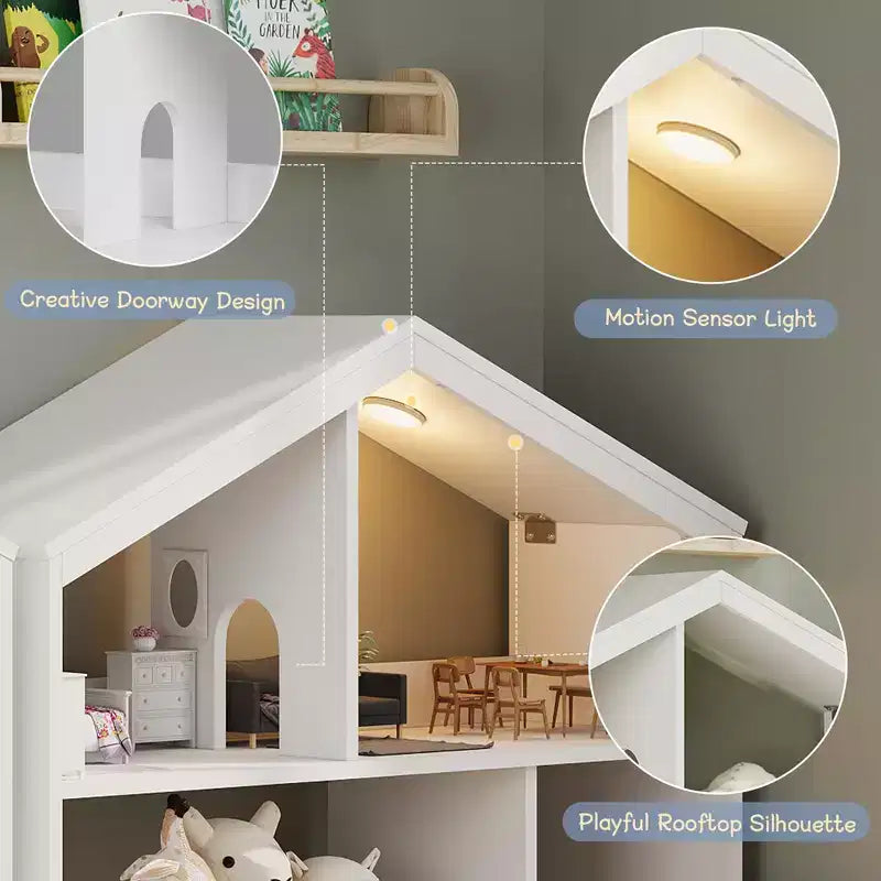 Libreria per bambini, Organizer porta giochi, Libreria in legno per bambini con luce con sensore di movimento, Libreria a casetta delle bambole per camera da letto, aula, asilo nido