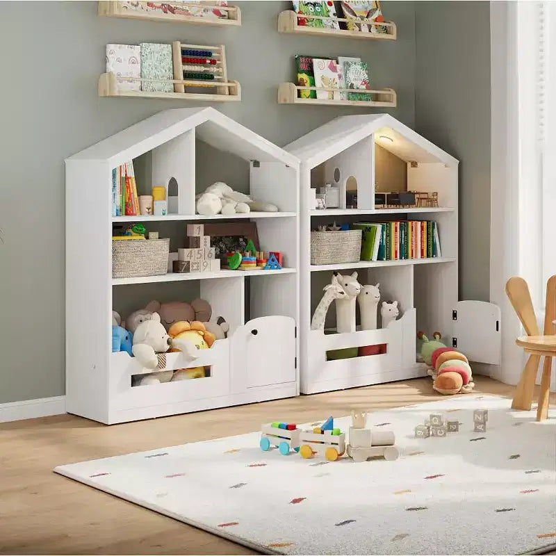 Libreria per bambini, Organizer porta giochi, Libreria in legno per bambini con luce con sensore di movimento, Libreria a casetta delle bambole per camera da letto, aula, asilo nido