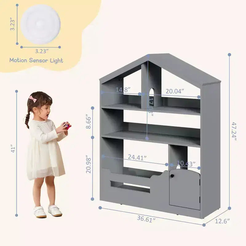Libreria per bambini, Organizer porta giochi, Libreria in legno per bambini con luce con sensore di movimento, Libreria a casetta delle bambole per camera da letto, aula, asilo nido