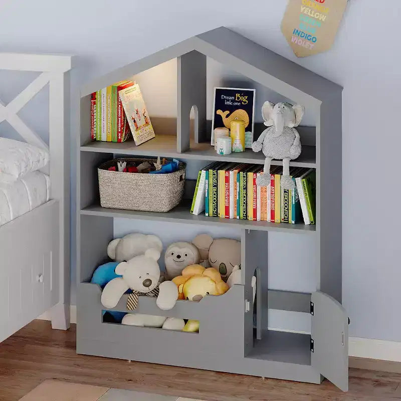 Libreria per bambini, Organizer porta giochi, Libreria in legno per bambini con luce con sensore di movimento, Libreria a casetta delle bambole per camera da letto, aula, asilo nido