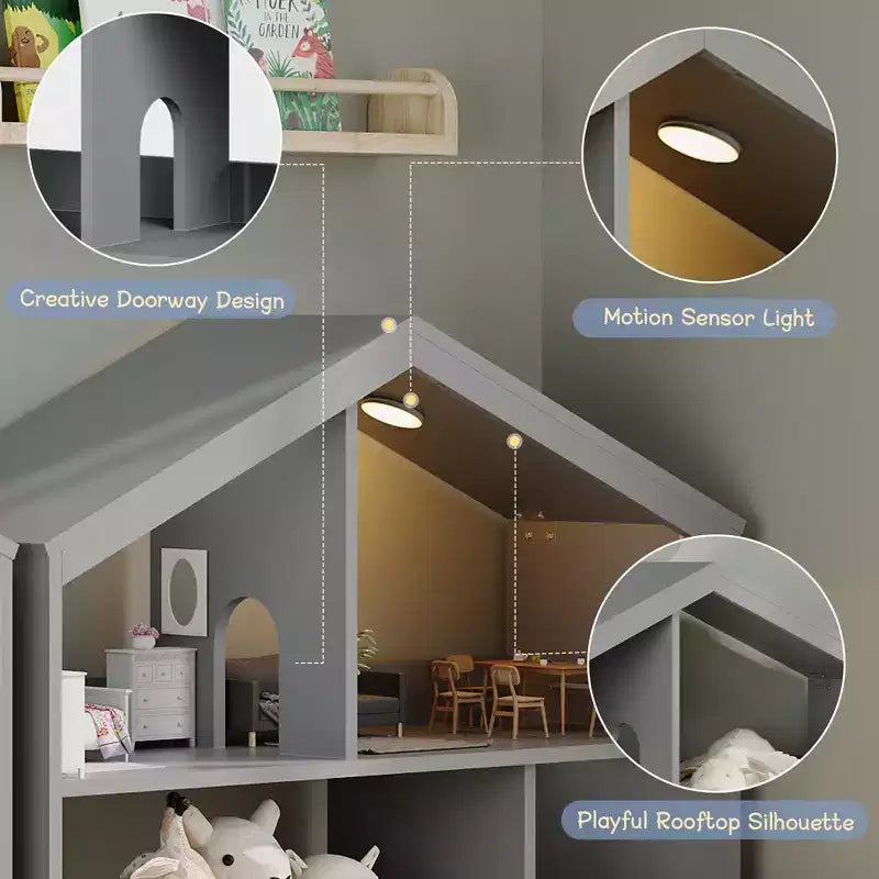 Libreria per bambini, Organizer porta giochi, Libreria in legno per bambini con luce con sensore di movimento, Libreria a casetta delle bambole per camera da letto, aula, asilo nido