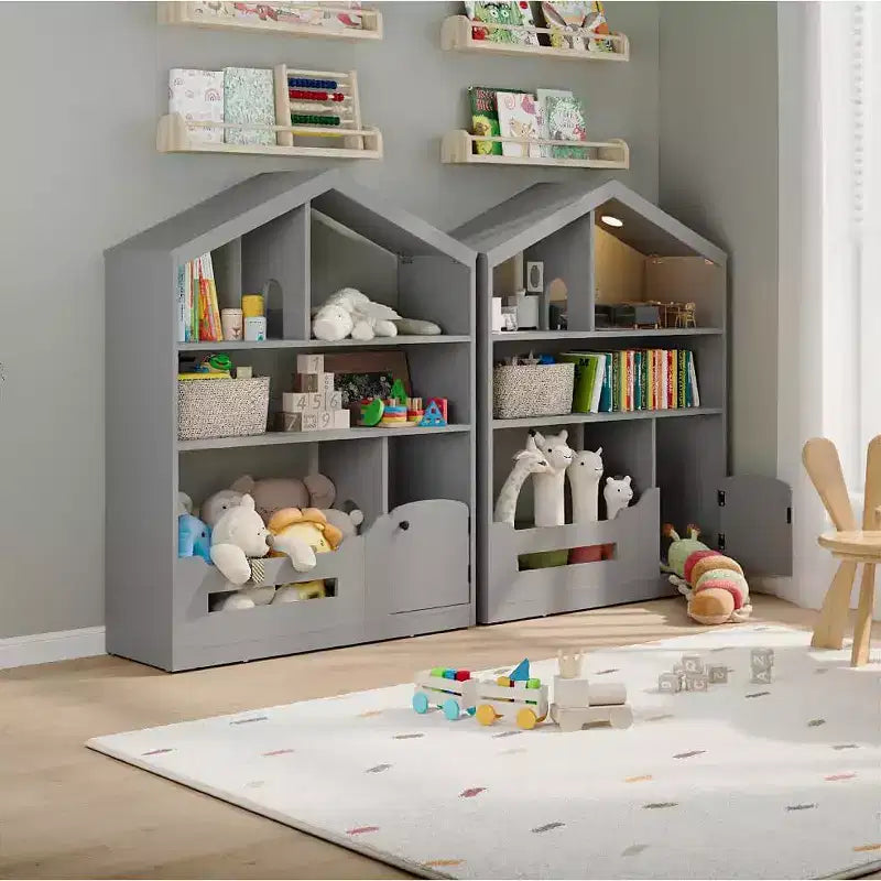 Libreria per bambini, Organizer porta giochi, Libreria in legno per bambini con luce con sensore di movimento, Libreria a casetta delle bambole per camera da letto, aula, asilo nido