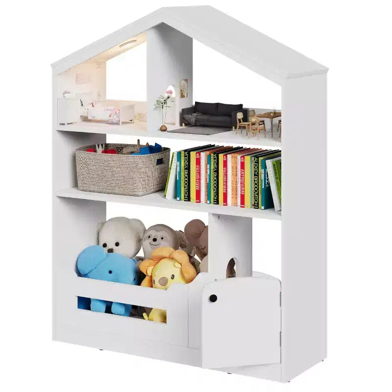 Libreria per bambini, Organizer porta giochi, Libreria in legno per bambini con luce con sensore di movimento, Libreria a casetta delle bambole per camera da letto, aula, asilo nido