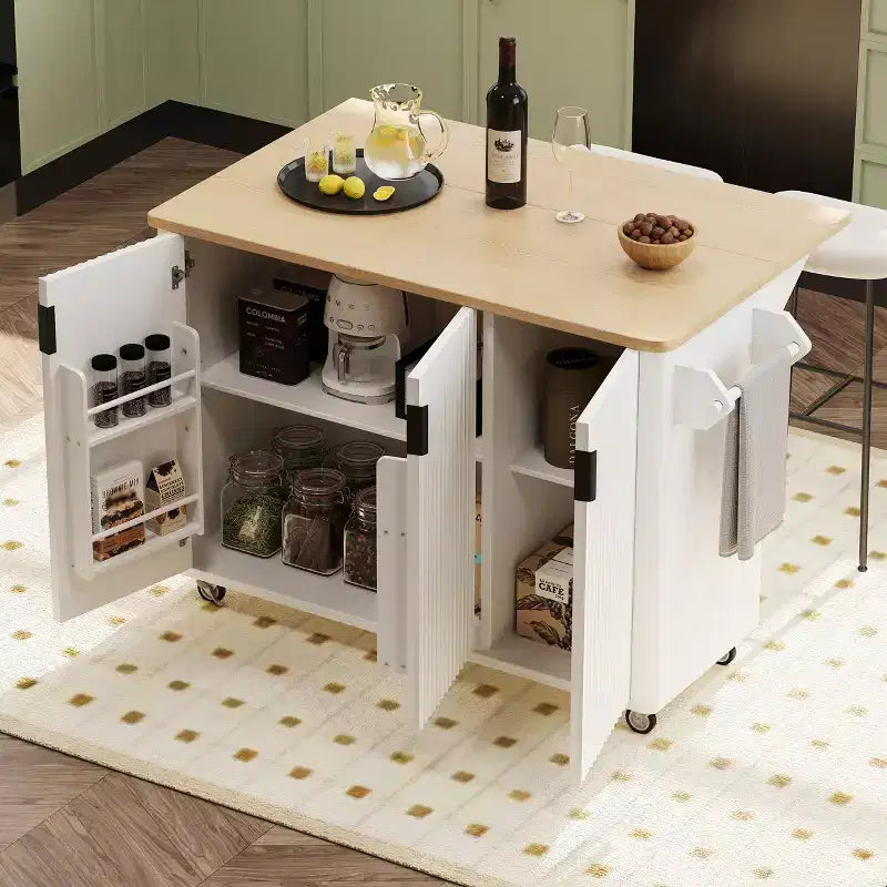 GDFStudio Yasir 51 Isola da Cucina Rustica Scanalata con Anta a Ribalta, Ruote e Scaffale Interno