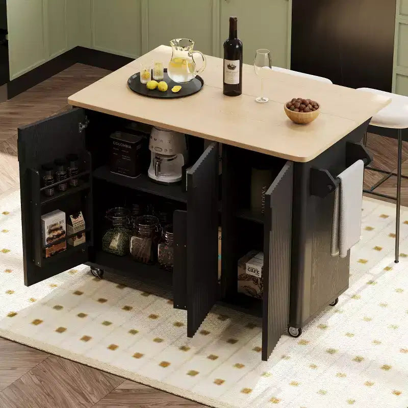 GDFStudio Yasir 51 Isola da Cucina Rustica Scanalata con Anta a Ribalta, Ruote e Scaffale Interno