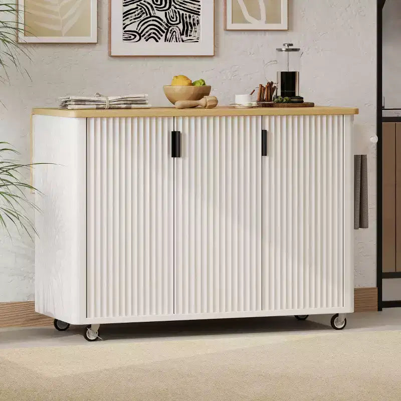 GDFStudio Yasir 51 Isola da Cucina Rustica Scanalata con Anta a Ribalta, Ruote e Scaffale Interno
