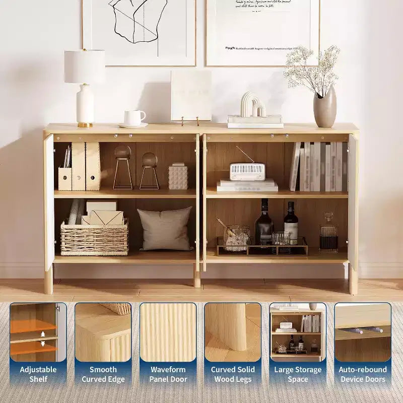 58 Mobile Credenza Buffet con Contenitore, Mobile Bar a Doghe Stile Fattoria per Sala da Pranzo, Salotto, Tavolo Consolle Moderno in Legno con Design Curvo