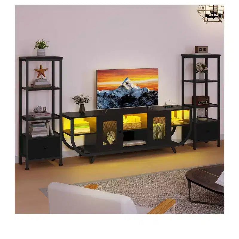 Mobile porta TV per televisori fino a 65 pollici, mobile multimediale a LED con 2 librerie e presa di corrente, mobile porta TV rustico con cassetto in tessuto