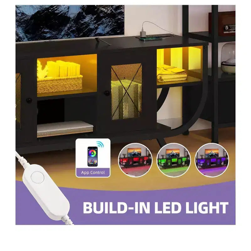 Mobile porta TV per televisori fino a 65 pollici, mobile multimediale a LED con 2 librerie e presa di corrente, mobile porta TV rustico con cassetto in tessuto