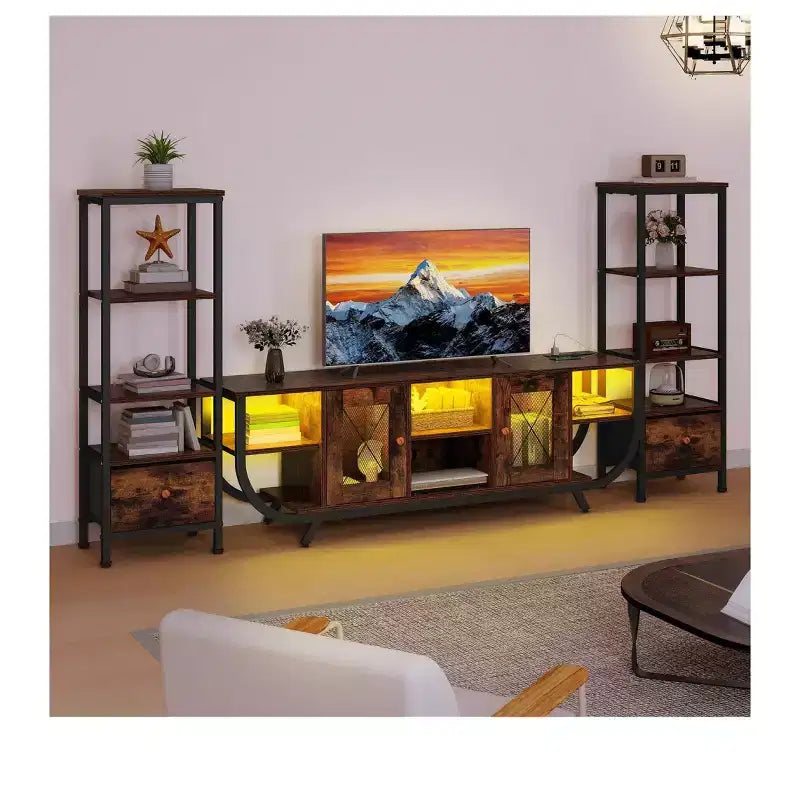 Mobile porta TV per televisori fino a 65 pollici, mobile multimediale a LED con 2 librerie e presa di corrente, mobile porta TV rustico con cassetto in tessuto