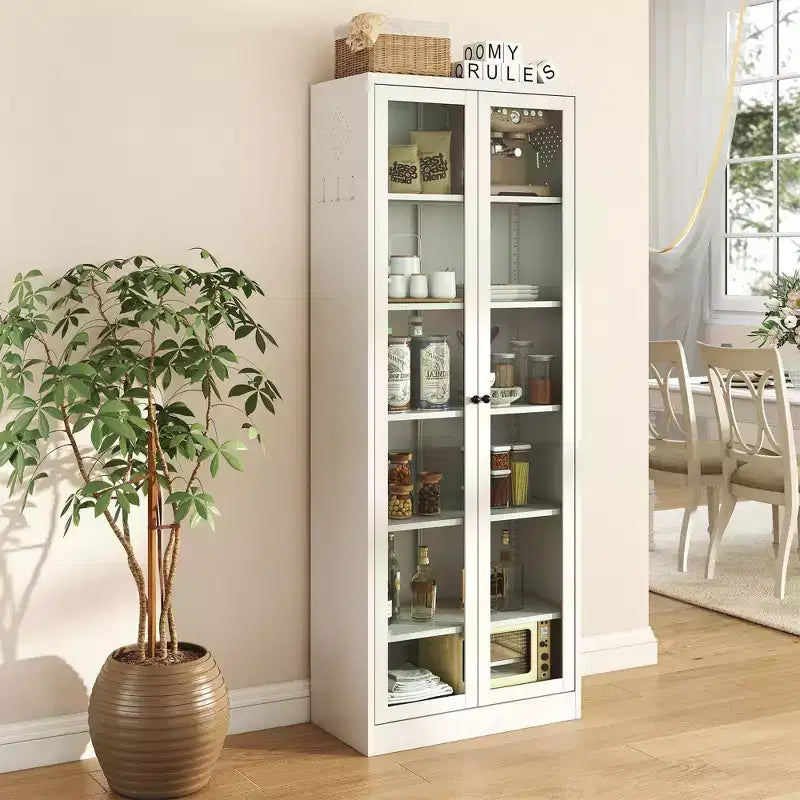 Mobile dispensa da cucina VIYET 72H in metallo pesante, 5 ripiani regolabili + ante in vetro, 80 libbre/ripiano, autoportante per cucina/dispensa/bagno (bianco)
