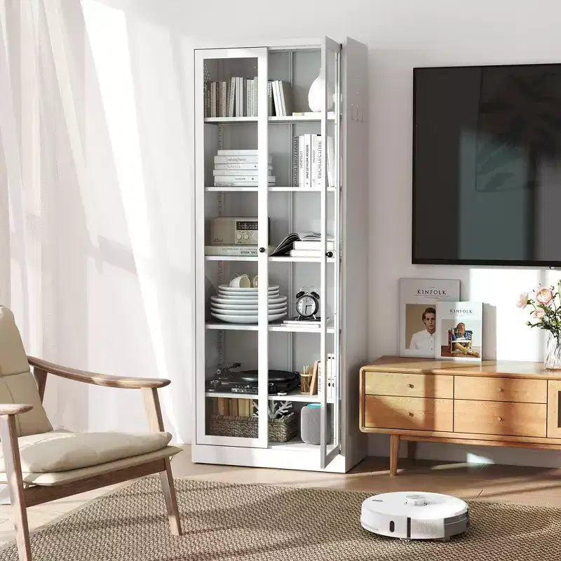 Mobile dispensa da cucina VIYET 72H in metallo pesante, 5 ripiani regolabili + ante in vetro, 80 libbre/ripiano, autoportante per cucina/dispensa/bagno (bianco)