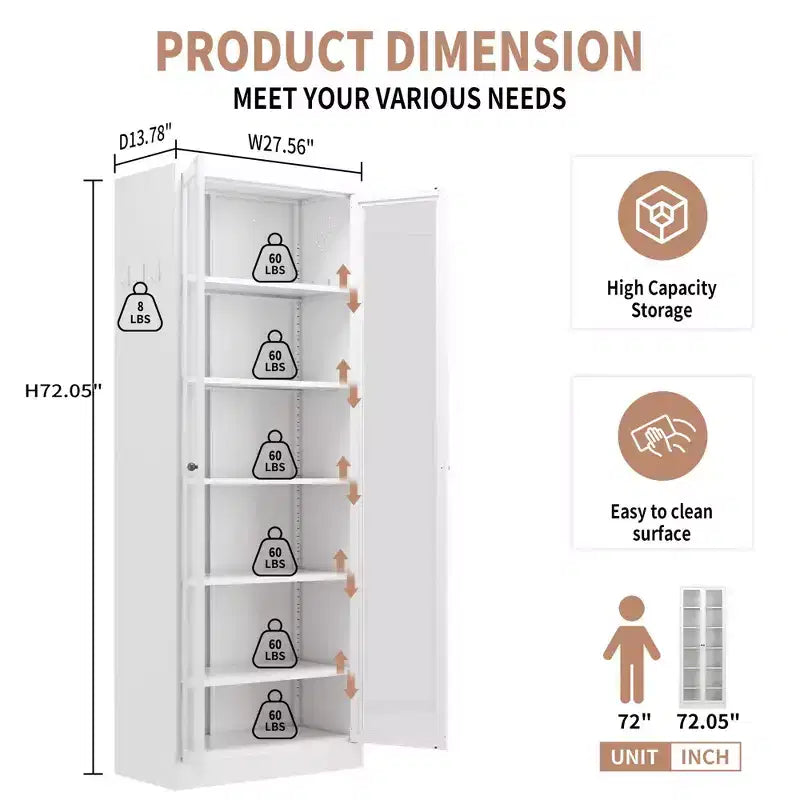 Mobile dispensa da cucina VIYET 72H in metallo pesante, 5 ripiani regolabili + ante in vetro, 80 libbre/ripiano, autoportante per cucina/dispensa/bagno (bianco)