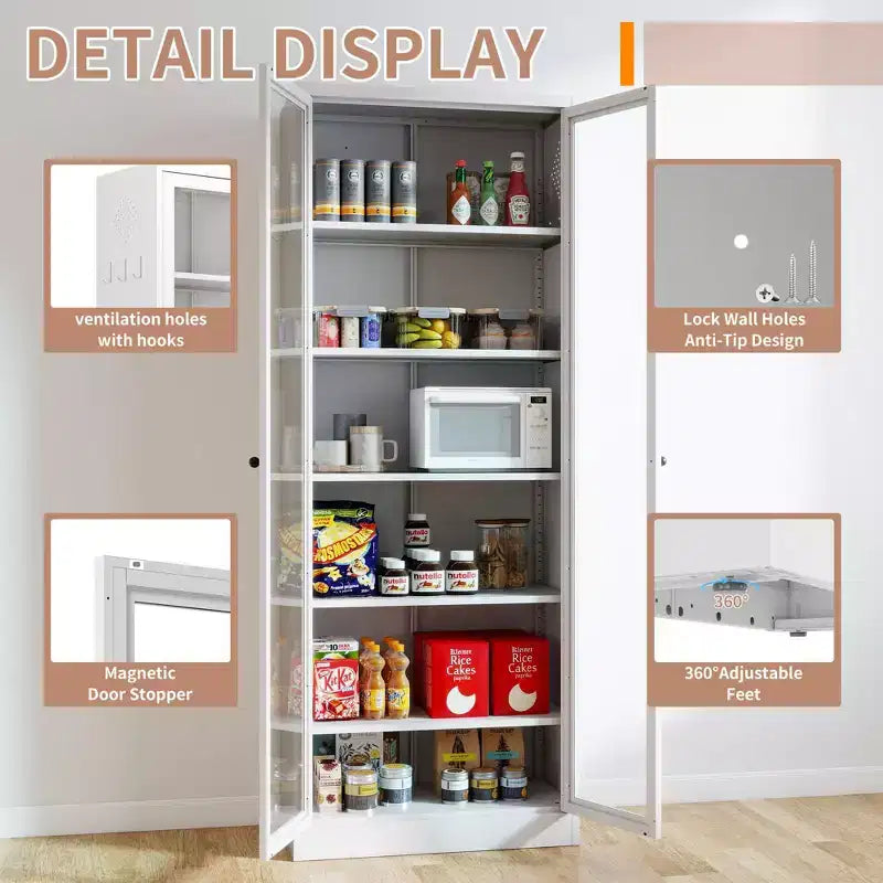 Mobile dispensa da cucina VIYET 72H in metallo pesante, 5 ripiani regolabili + ante in vetro, 80 libbre/ripiano, autoportante per cucina/dispensa/bagno (bianco)