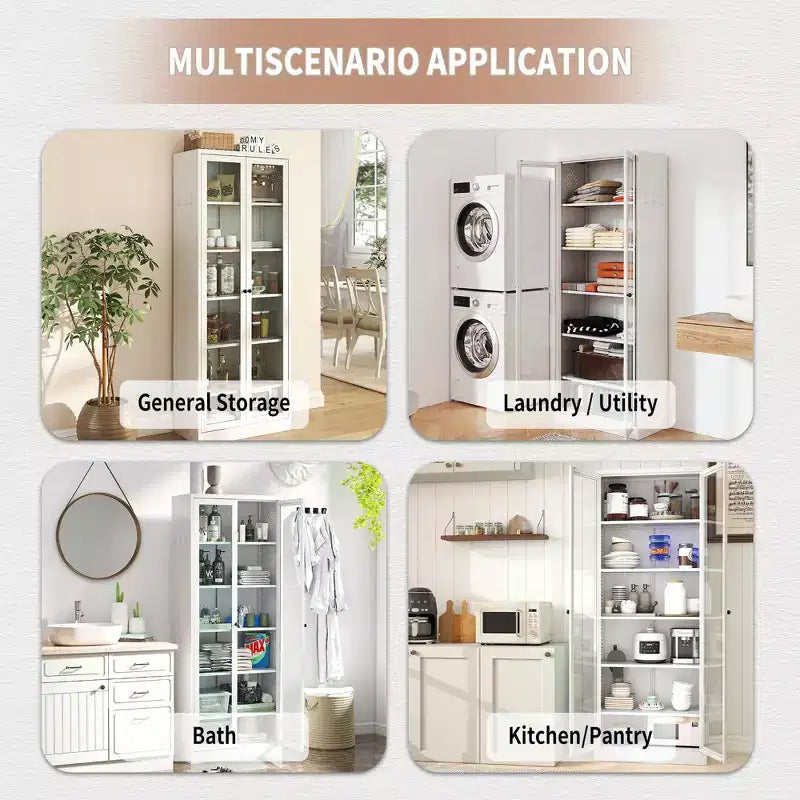 Mobile dispensa da cucina VIYET 72H in metallo pesante, 5 ripiani regolabili + ante in vetro, 80 libbre/ripiano, autoportante per cucina/dispensa/bagno (bianco)