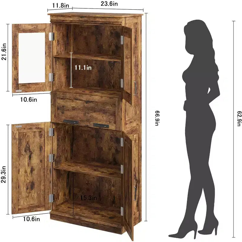 Mobiletto alto 170 cm per bagno, con 4 ante e cassetto a ribalta in vetro, Organizzatore indipendente con ripiani regolabili per cucina, dispensa, soggiorno