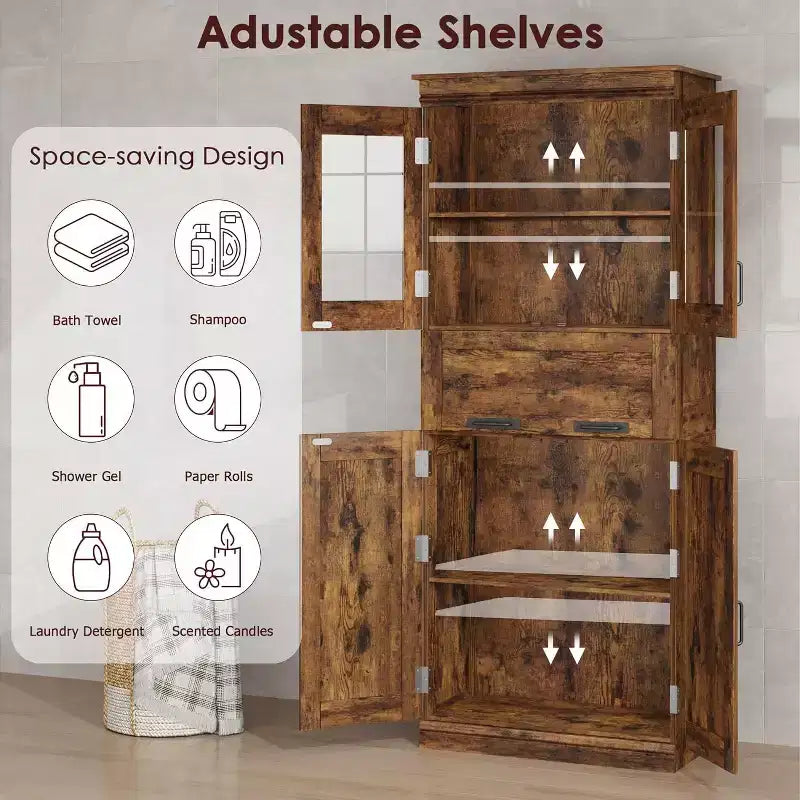 Mobiletto alto 170 cm per bagno, con 4 ante e cassetto a ribalta in vetro, Organizzatore indipendente con ripiani regolabili per cucina, dispensa, soggiorno