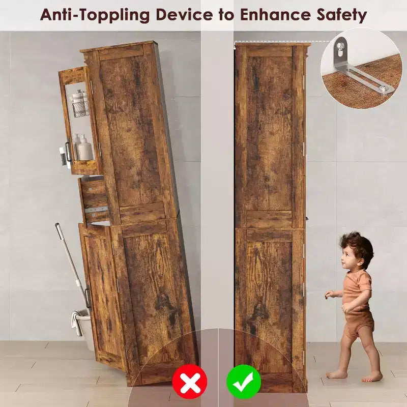 Mobiletto alto 170 cm per bagno, con 4 ante e cassetto a ribalta in vetro, Organizzatore indipendente con ripiani regolabili per cucina, dispensa, soggiorno