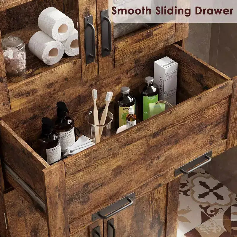 Mobiletto alto 170 cm per bagno, con 4 ante e cassetto a ribalta in vetro, Organizzatore indipendente con ripiani regolabili per cucina, dispensa, soggiorno