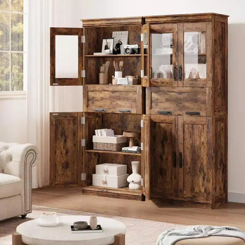 Mobiletto alto 170 cm per bagno, con 4 ante e cassetto a ribalta in vetro, Organizzatore indipendente con ripiani regolabili per cucina, dispensa, soggiorno