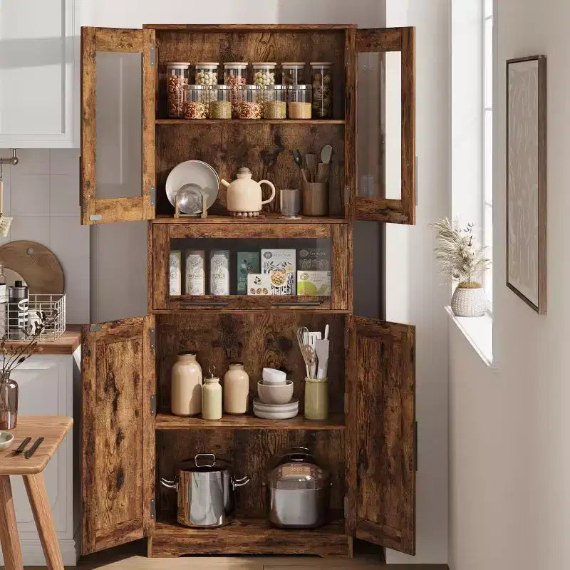 Mobiletto alto 170 cm per bagno, con 4 ante e cassetto a ribalta in vetro, Organizzatore indipendente con ripiani regolabili per cucina, dispensa, soggiorno