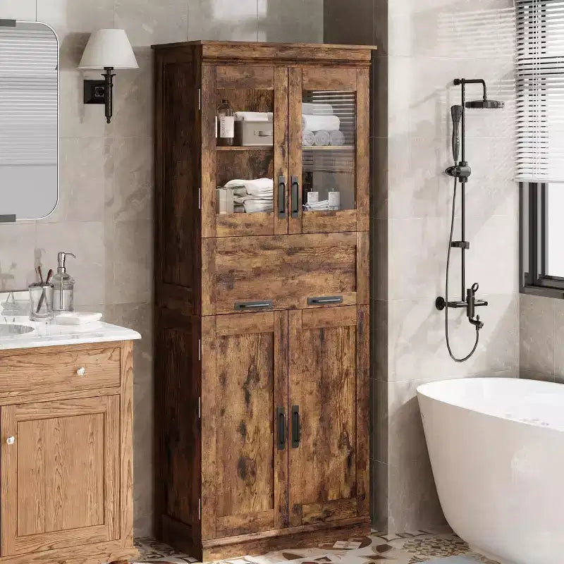 Mobiletto alto 170 cm per bagno, con 4 ante e cassetto a ribalta in vetro, Organizzatore indipendente con ripiani regolabili per cucina, dispensa, soggiorno