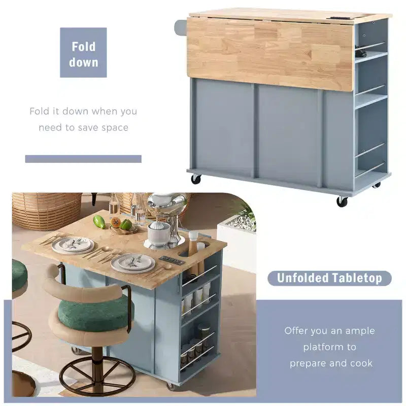 GDFStudio Patsy Isola Cucina Mobile con Presa di Corrente, Top a Ribalta e in Legno di Gomma