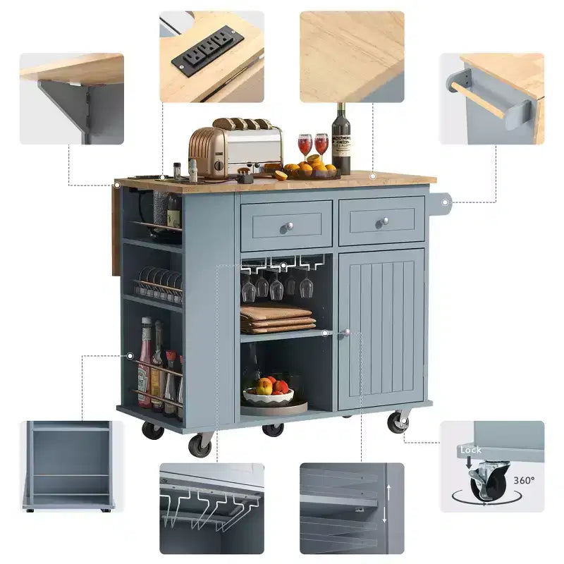 GDFStudio Patsy Isola Cucina Mobile con Presa di Corrente, Top a Ribalta e in Legno di Gomma
