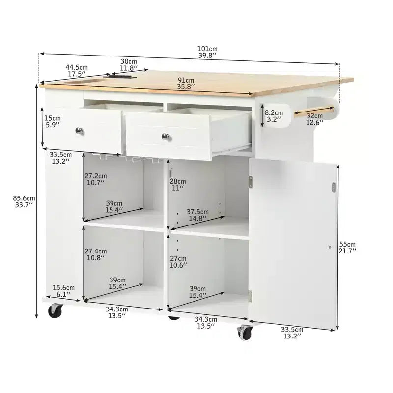GDFStudio Patsy Isola Cucina Mobile con Presa di Corrente, Top a Ribalta e in Legno di Gomma
