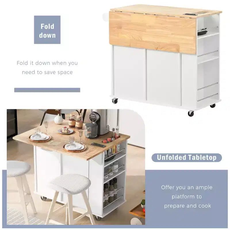 GDFStudio Patsy Isola Cucina Mobile con Presa di Corrente, Top a Ribalta e in Legno di Gomma