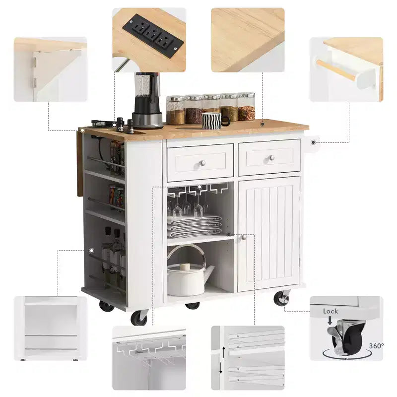 GDFStudio Patsy Isola Cucina Mobile con Presa di Corrente, Top a Ribalta e in Legno di Gomma