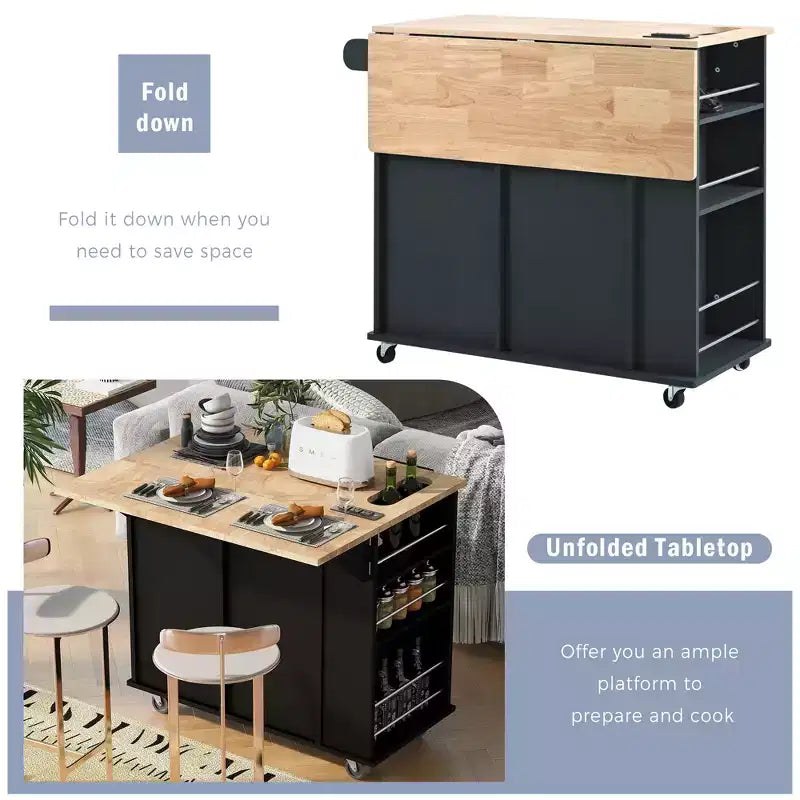 GDFStudio Patsy Isola Cucina Mobile con Presa di Corrente, Top a Ribalta e in Legno di Gomma