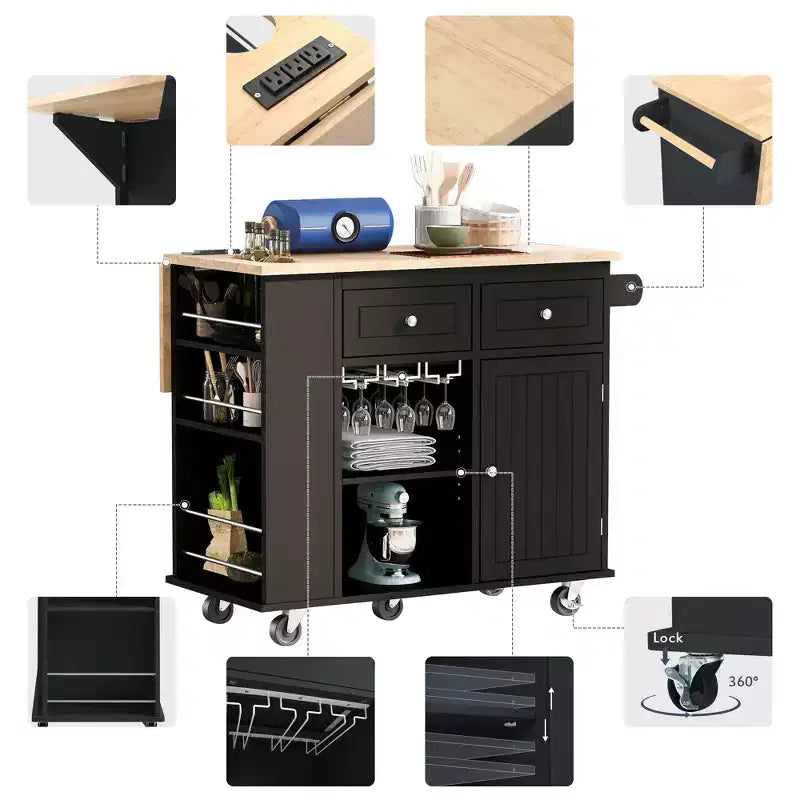 GDFStudio Patsy Isola Cucina Mobile con Presa di Corrente, Top a Ribalta e in Legno di Gomma